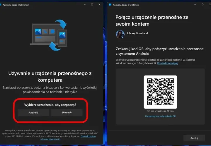 Ekran aplikacji "Łącze z telefonem" pokazuje, jak podłączyć hotspot do komputera. Wybierz Android lub iPhone, by rozpocząć.