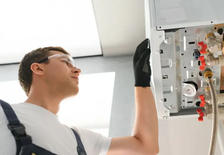 Instalator w okularach ochronnych sprawdza podłączenia kotła. Widać elementy takie jak anoda tytanowa i zawory.