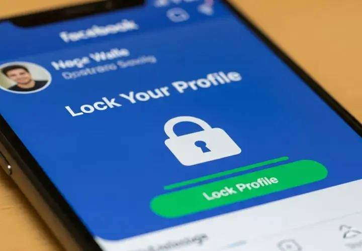 Ekran telefonu z Facebookiem, pokazujący opcję "Zablokuj swój profil". Dowiedz się, jak wyłączyć aktywność na FB i zabezpieczyć swoje konto.
