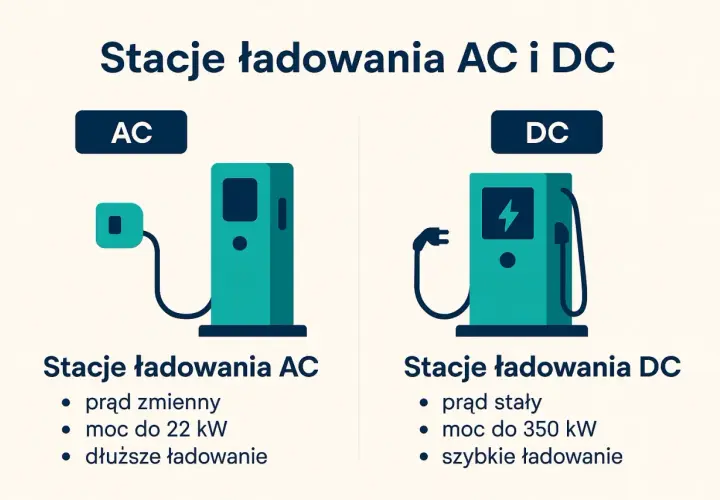 Ilustracja porównuje stacje ładowania AC i DC. Po lewej stacja AC, po prawej DC, obie gotowe do ładowania samochodu elektrycznego.