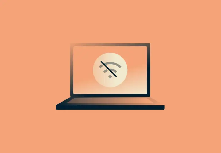 Laptop z symbolem braku połączenia Wi-Fi. Dowiedz się, jak zmienić hasło Wi-Fi w routerze Orange, aby odzyskać dostęp do sieci.