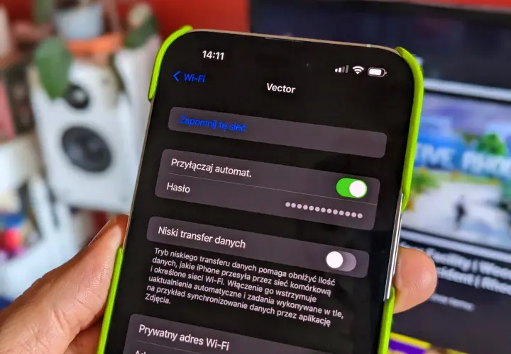 Ekran iPhone'a pokazuje ustawienia Wi-Fi. Widzimy opcję "Zapomnij tę sieć" i pole "Hasło", co może pomóc w sytuacji, gdy zastanawiasz się, jak odzyskać hasło do Wi-Fi.
