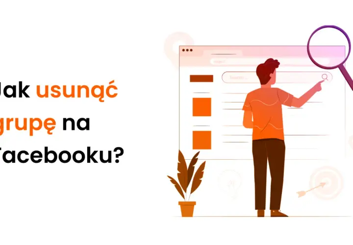 Jak usunąć grupę na FB? Ilustracja przedstawia mężczyznę szukającego informacji na ekranie komputera, symbolizując proces usuwania grupy.