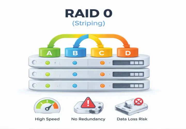 Schemat RAID 0 (Striping) pokazuje dane rozłożone na dyski A, B, C, D. Zapewnia wysoką prędkość, ale brak redundancji i ryzyko utraty danych.