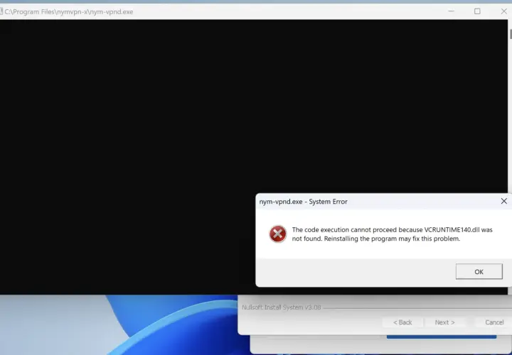 Błąd systemu: brak pliku VCRUNTIME140.dll, uniemożliwia uruchomienie nym-vpnd.exe.