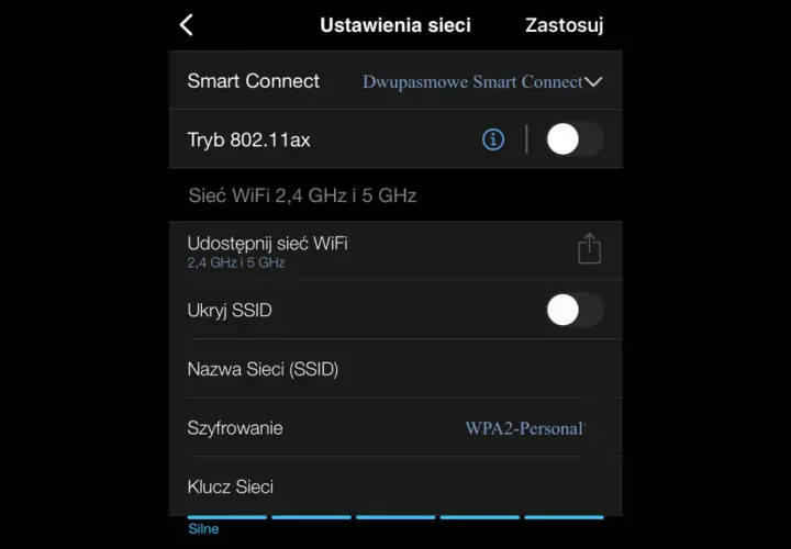 Ustawienia sieci WiFi, gdzie można zmienić hasło do routera Orange. Widoczna nazwa sieci (SSID) i klucz sieci.