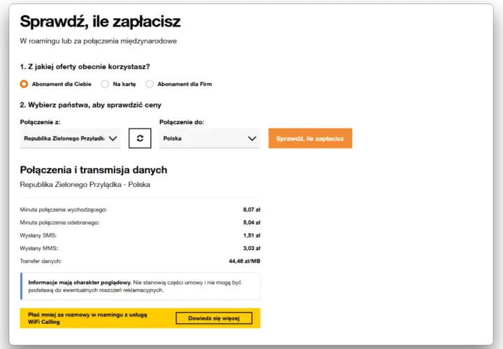 Jak wykupić pakiet internetu w roamingu Orange? Sprawdź ceny połączeń z Zielonego Przylądka do Polski.