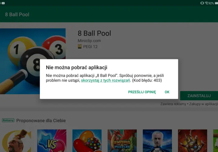 Błąd podczas próby instalacji gry 8 Ball Pool. Sprawdź, jak zainstalować Sklep Play, jeśli problem nie ustąpi.