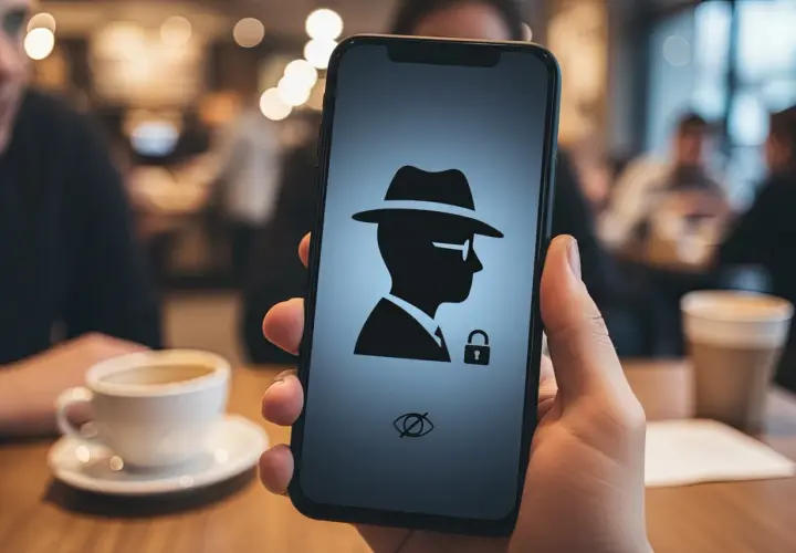 Telefon w trybie incognito. Ikona detektywa z kłódką i przekreślonym okiem symbolizuje prywatność i bezpieczeństwo w sieci.