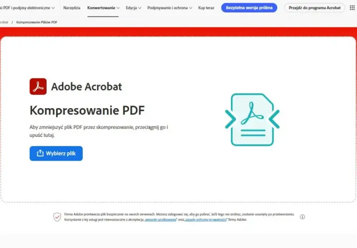 Strona Adobe Acrobat do kompresowania PDF. Dowiedz się, jak zmniejszyć rozmiar pliku PDF, przeciągając go lub wybierając.