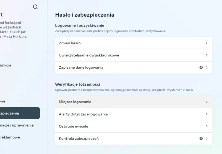 Ustawienia "Hasło i zabezpieczenia" w Centrum kont Meta. Znajdziesz tu opcje dotyczące logowania, jak wylogować się z Messengera, zmiany hasła i weryfikacji tożsamości.