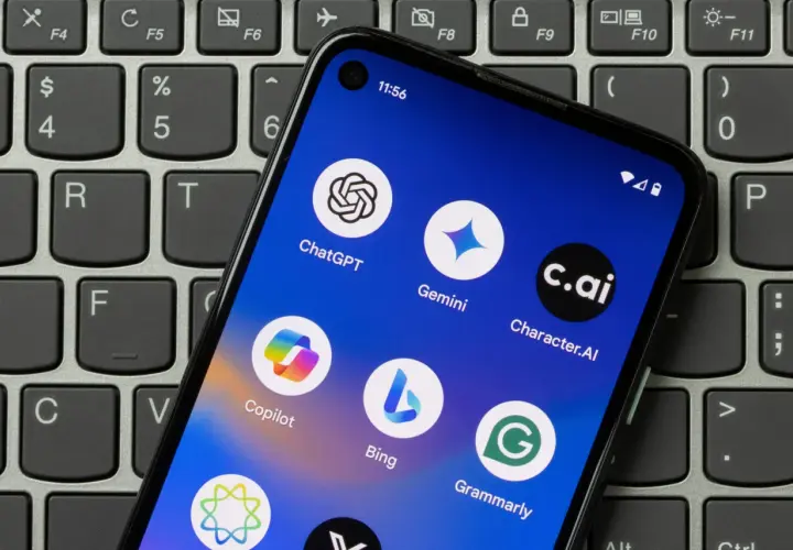 Na ekranie telefonu widoczne są ikony aplikacji AI: ChatGPT, Gemini, Copilot, Bing, Grammarly. Dowiedz się, jak włączyć sztuczną inteligencję w telefonie, instalując te narzędzia.