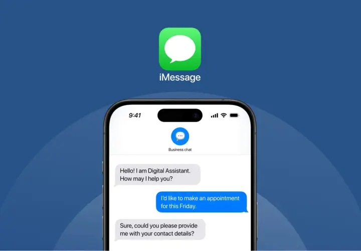 Rozmowa przez iMessage z asystentem cyfrowym. Użytkownik chce umówić wizytę, a asystent prosi o dane kontaktowe.