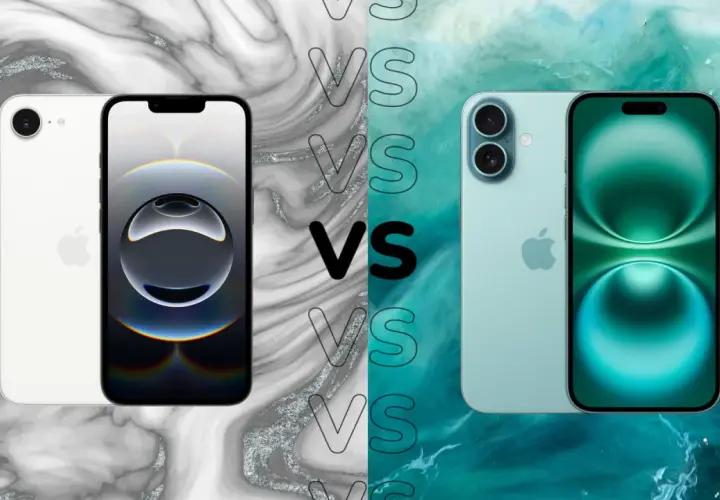 Porównanie iPhone 15 vs 16: dwa modele telefonów Apple na tle marmuru i turkusowej wody.