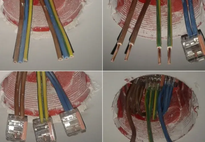 Instalacja elektryczna bezpuszkowa: przewody wchodzą do okrągłego otworu w ścianie, połączone złączkami.
