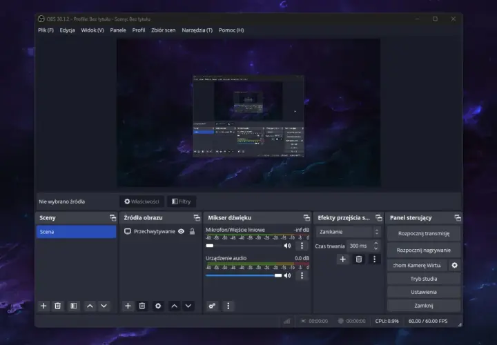 OBS Studio – popularny program do nagrywania ekranu i streamowania. Widok interfejsu z panelami scen, źródeł, miksera dźwięku i sterowania.