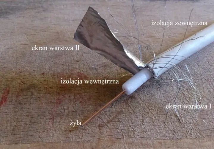 Przekrój kabla antenowego z widoczną żyłą, izolacją i ekranami. Dowiedz się, jak sprawdzić kabel antenowy miernikiem.