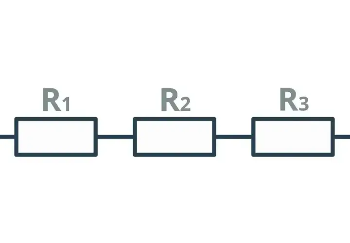 Schemat obwodu elektrycznego: trzy rezystory R1, R2, R3 połączone szeregowo.