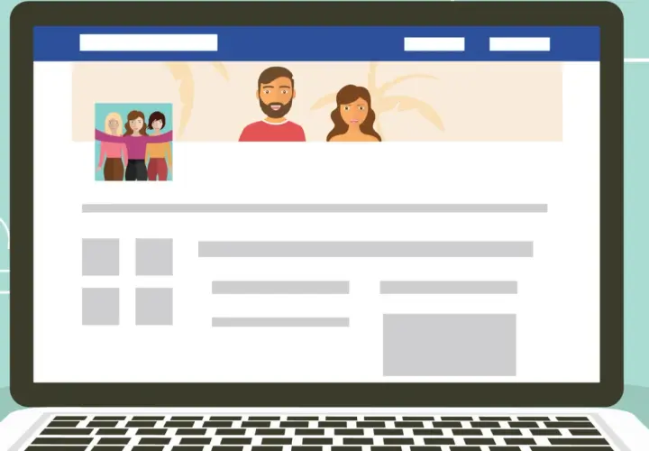 Ilustracja przedstawia ekran laptopa z profilem strony na FB. Dowiedz się, jak zmienić nazwę strony na FB, aby odzwierciedlała Twoją markę.