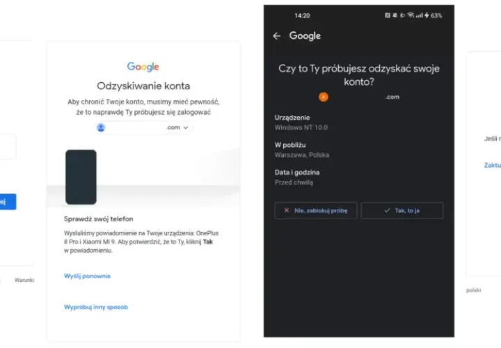Proces odzyskiwania konta Google: wpisywanie hasła, weryfikacja na telefonie i potwierdzenie tożsamości.