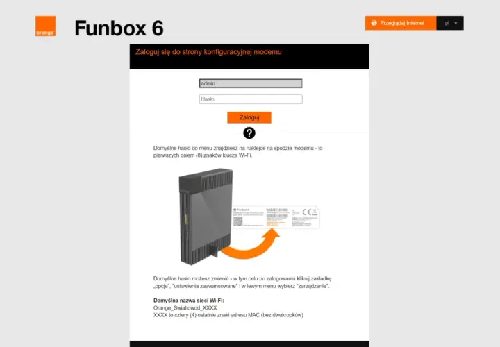 Ekran logowania do Funbox 6. Dowiedz się, jak zmienic haslo Orange Swiatlowod, szukając domyślnego hasła na naklejce modemu.