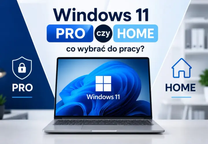 Windows 11 Home vs Pro: co wybrać do pracy? Laptop z systemem Windows 11 na tle grafiki porównującej wersje Pro i Home.