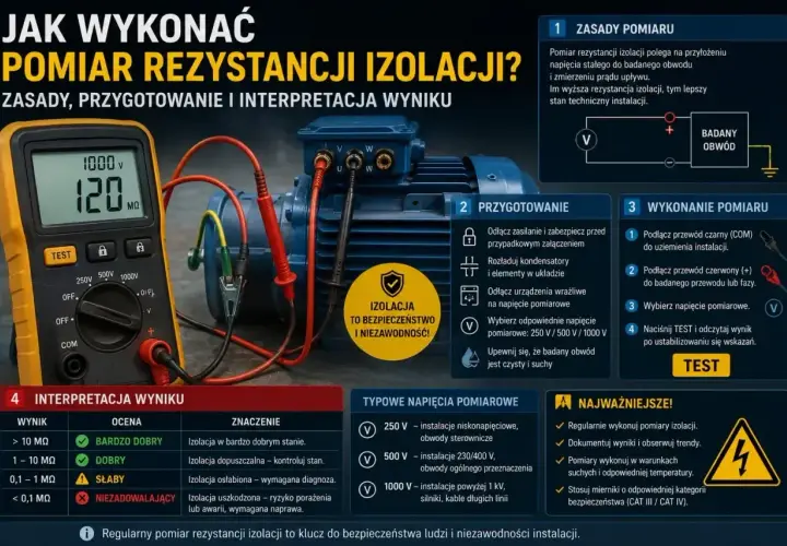 Multimetr mierzy rezystancję izolacji silnika elektrycznego. Wynik 120 MΩ wskazuje na bardzo dobry stan.