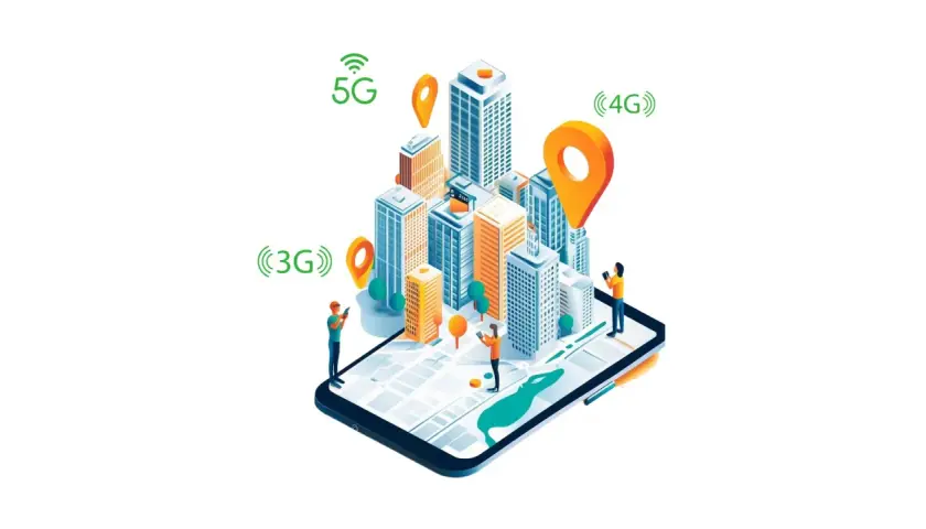 Wizualizacja pokazuje miasto z wieżowcami, mapę na ekranie smartfona i ikony 3G, 4G, 5G. Kto operator ma najlepszy zasięg?