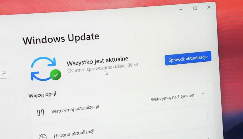 Ekran Windows Update z informacją "Wszystko jest aktualne", ostatnie sprawdzenie dzisiaj o 06:53. System Windows 11 25H2 jest gotowy.