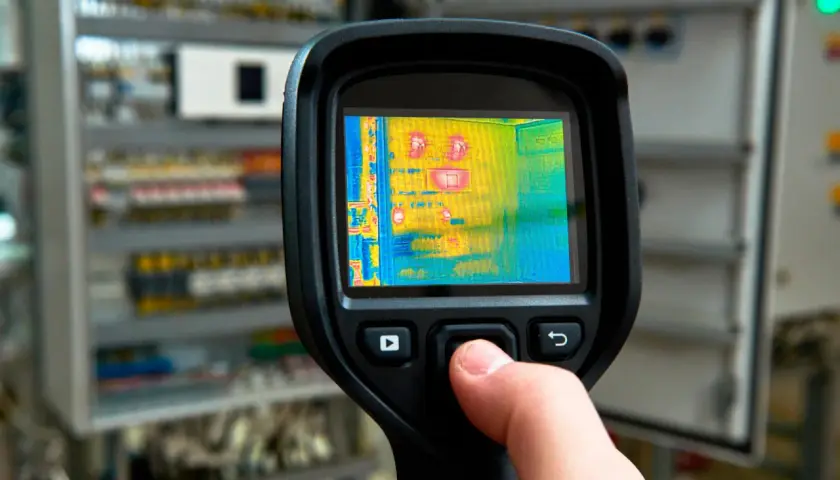 Ręka trzyma kamerę termowizyjną, która pokazuje rozkład temperatur w szafie elektrycznej.