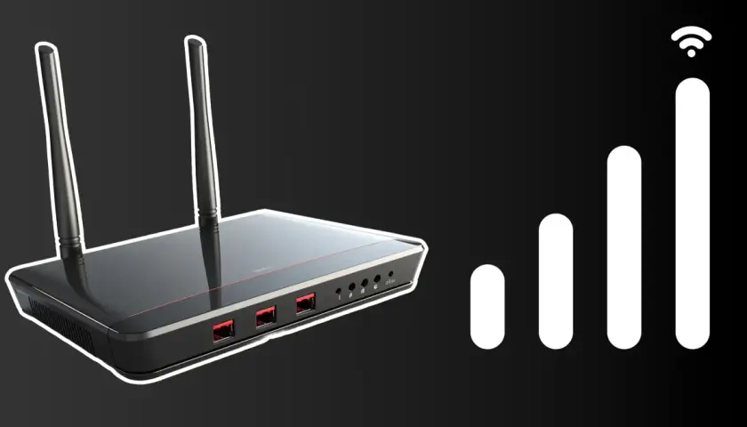 Router z antenkami i ikoną sygnału Wi-Fi. Dowiedz się, jak podłączyć wzmacniacz wifi do routera, by mieć lepszy zasięg.