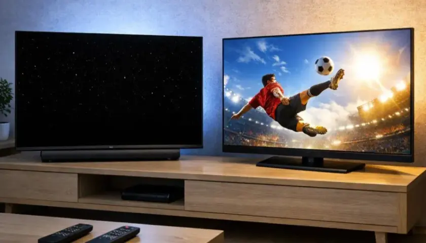 Dwa telewizory na drewnianej szafce. Jeden pokazuje nocne niebo, drugi mecz piłki nożnej. Który lepszy: oled czy qled?