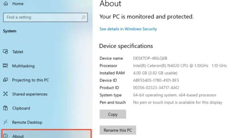 Jak sprawdzić podzespoły komputera? Widok ustawień "Informacje" pokazuje specyfikacje urządzenia: procesor Intel Celeron, 4 GB RAM.