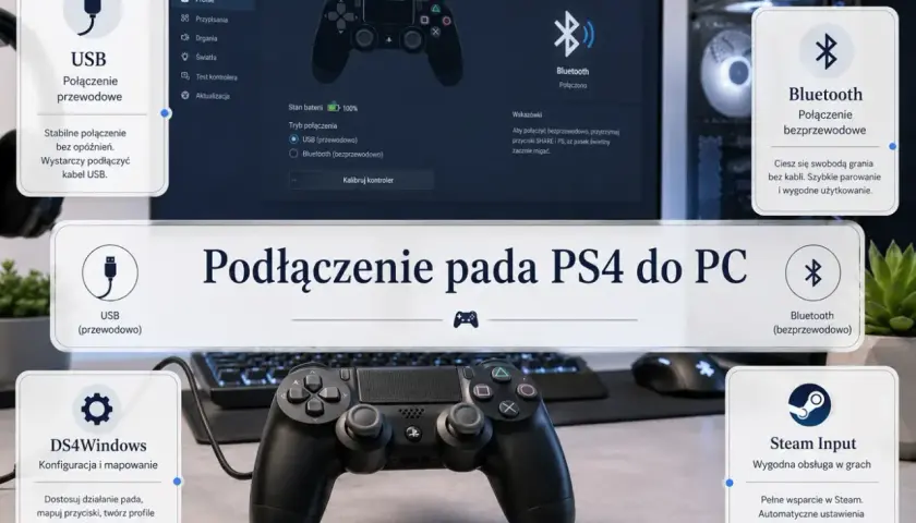 Jak podłączyć pada do laptopa przez bluetooth? Instrukcja pokazuje połączenie USB i bezprzewodowe, konfigurację DS4Windows i Steam Input.