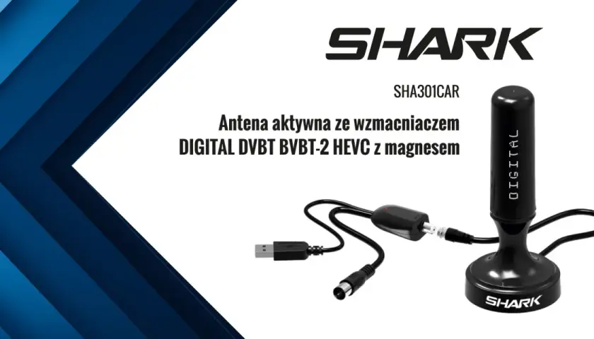 Antena aktywna Shark SHA301CAR z magnesem. Idealna, by zrobić antenę do tv, zapewnia doskonały odbiór cyfrowej telewizji naziemnej.