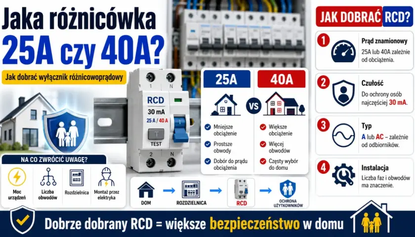 Porównanie wyłączników RCD 25A i 40A. Kluczowe cechy: prąd znamionowy, czułość, typ i instalacja. Dobry RCD to bezpieczeństwo w domu.