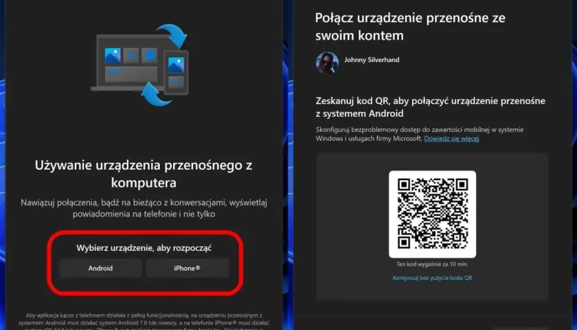 Ekran aplikacji "Łącze z telefonem" pokazuje, jak podłączyć hotspot do komputera. Wybierz Android lub iPhone, by rozpocząć.