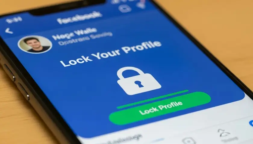 Ekran telefonu z Facebookiem, pokazujący opcję "Zablokuj swój profil". Dowiedz się, jak wyłączyć aktywność na FB i zabezpieczyć swoje konto.