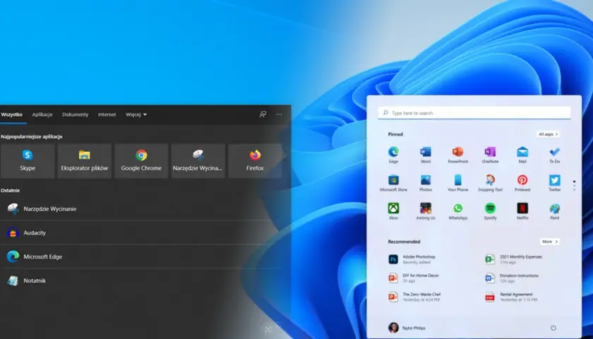Menu startowe Windows 11 z ikonami aplikacji. Możliwość darmowego pobrania Windows 10.