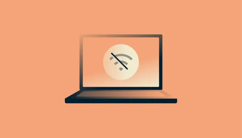Laptop z symbolem braku połączenia Wi-Fi. Dowiedz się, jak zmienić hasło Wi-Fi w routerze Orange, aby odzyskać dostęp do sieci.