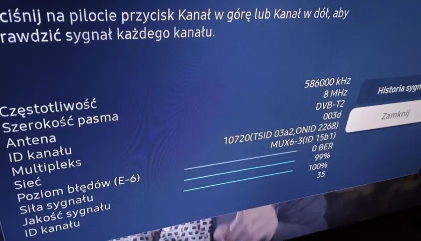 Jak sprawdzić siłę sygnału w telewizorze Samsung? Na ekranie widzisz informacje o sygnale DVB-T2, w tym siłę i jakość sygnału.