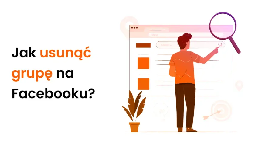 Jak usunąć grupę na FB? Ilustracja przedstawia mężczyznę szukającego informacji na ekranie komputera, symbolizując proces usuwania grupy.