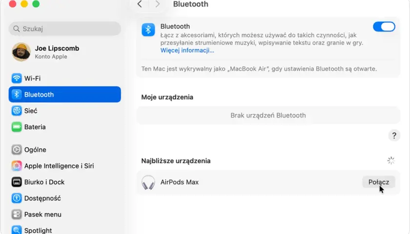 Ustawienia Bluetooth na Macu, pokazujące jak podłączyć słuchawki Apple AirPods Max do laptopa.