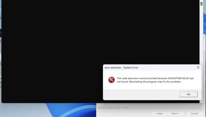Błąd systemu: brak pliku VCRUNTIME140.dll, uniemożliwia uruchomienie nym-vpnd.exe.