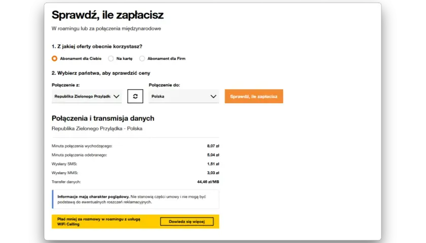 Jak wykupić pakiet internetu w roamingu Orange? Sprawdź ceny połączeń z Zielonego Przylądka do Polski.