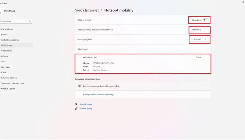Ustawienia Hotspotu mobilnego: jak udostępnić hotspot na komputer. Widok panelu "Sieć i Internet" z opcjami konfiguracji.