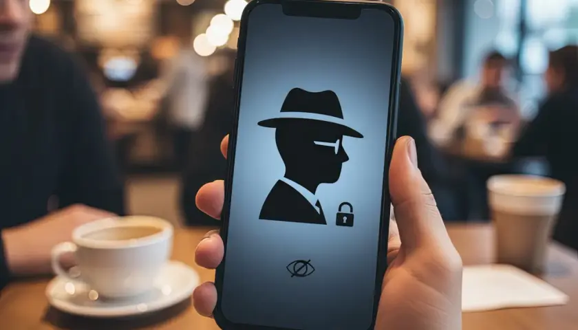 Telefon w trybie incognito. Ikona detektywa z kłódką i przekreślonym okiem symbolizuje prywatność i bezpieczeństwo w sieci.