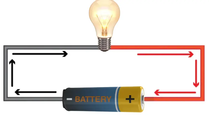 Schemat obwodu elektrycznego z żarówką i baterią. Strzałki pokazują przepływ prądu, ilustrując wzór na napięcie.