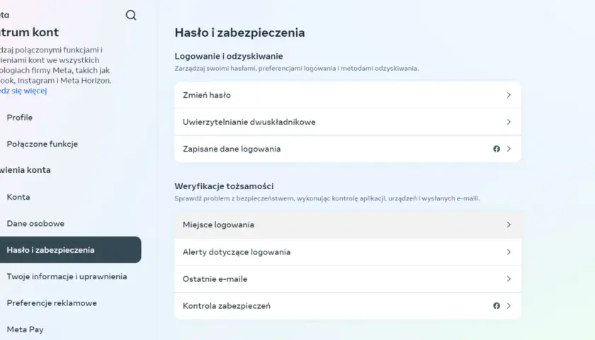Ustawienia "Hasło i zabezpieczenia" w Centrum kont Meta. Znajdziesz tu opcje dotyczące logowania, jak wylogować się z Messengera, zmiany hasła i weryfikacji tożsamości.