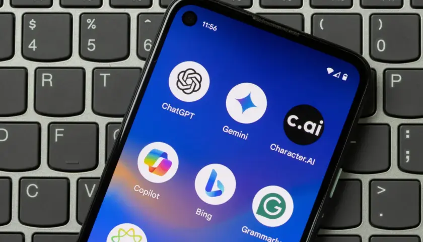 Na ekranie telefonu widoczne są ikony aplikacji AI: ChatGPT, Gemini, Copilot, Bing, Grammarly. Dowiedz się, jak włączyć sztuczną inteligencję w telefonie, instalując te narzędzia.